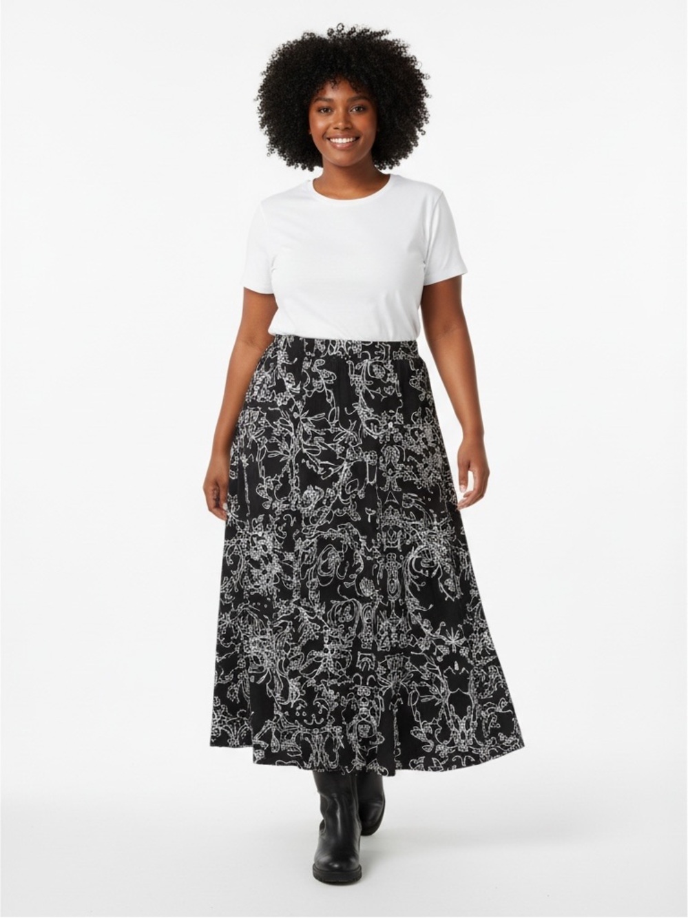 Soft Surroundings Womens 1X Black White Abstract Print Maxi Skirt Viscose‎ EUC